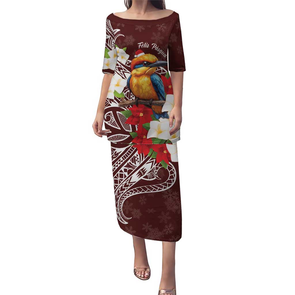 Felis Pasgua Guam Puletasi Christmas Sihek Kingfisher with Guasali LT7 Long Dress Crimson - Polynesian Pride