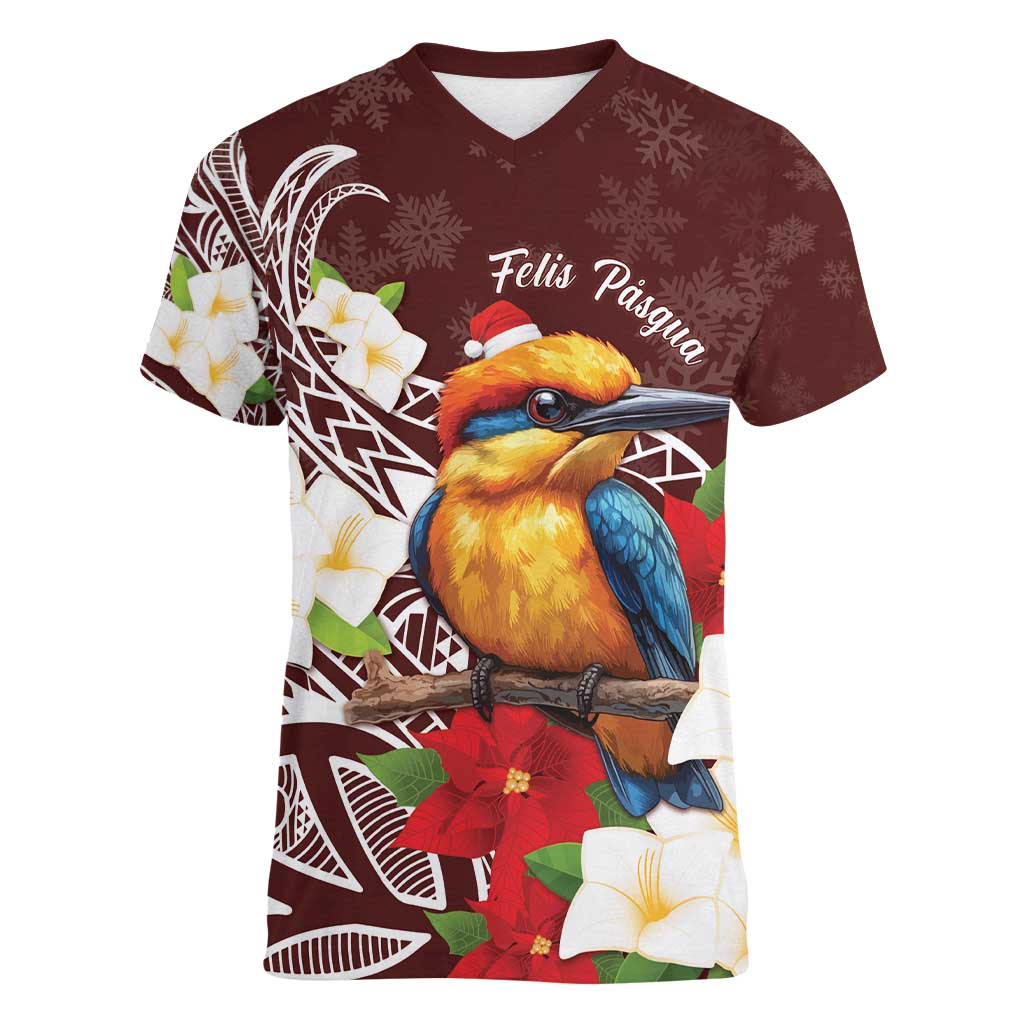 Felis Pasgua Guam Women V-Neck T-Shirt Christmas Sihek Kingfisher with Guasali LT7 Female Crimson - Polynesian Pride