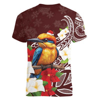 Felis Pasgua Guam Women V-Neck T-Shirt Christmas Sihek Kingfisher with Guasali LT7 - Polynesian Pride