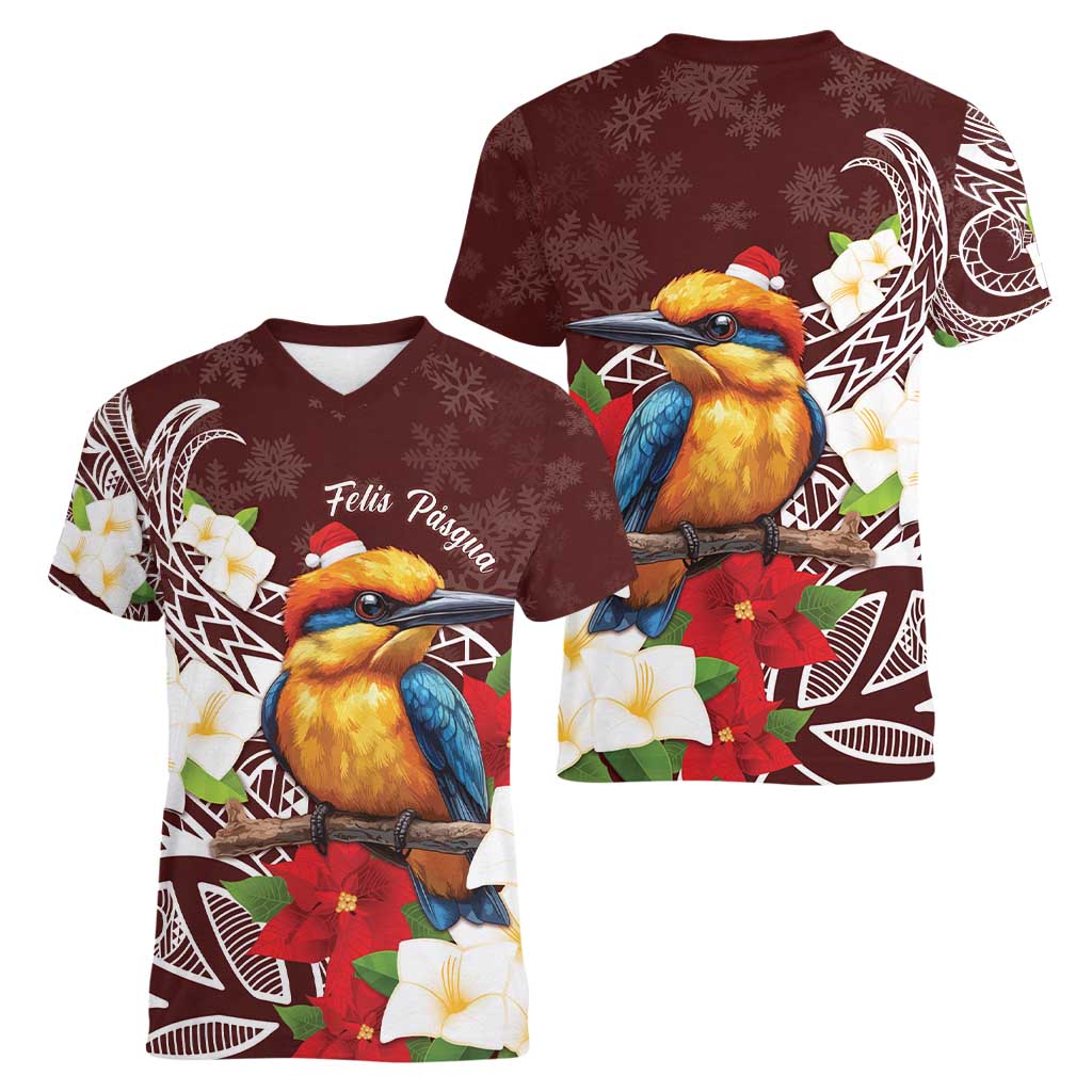 Felis Pasgua Guam Women V-Neck T-Shirt Christmas Sihek Kingfisher with Guasali LT7 - Polynesian Pride