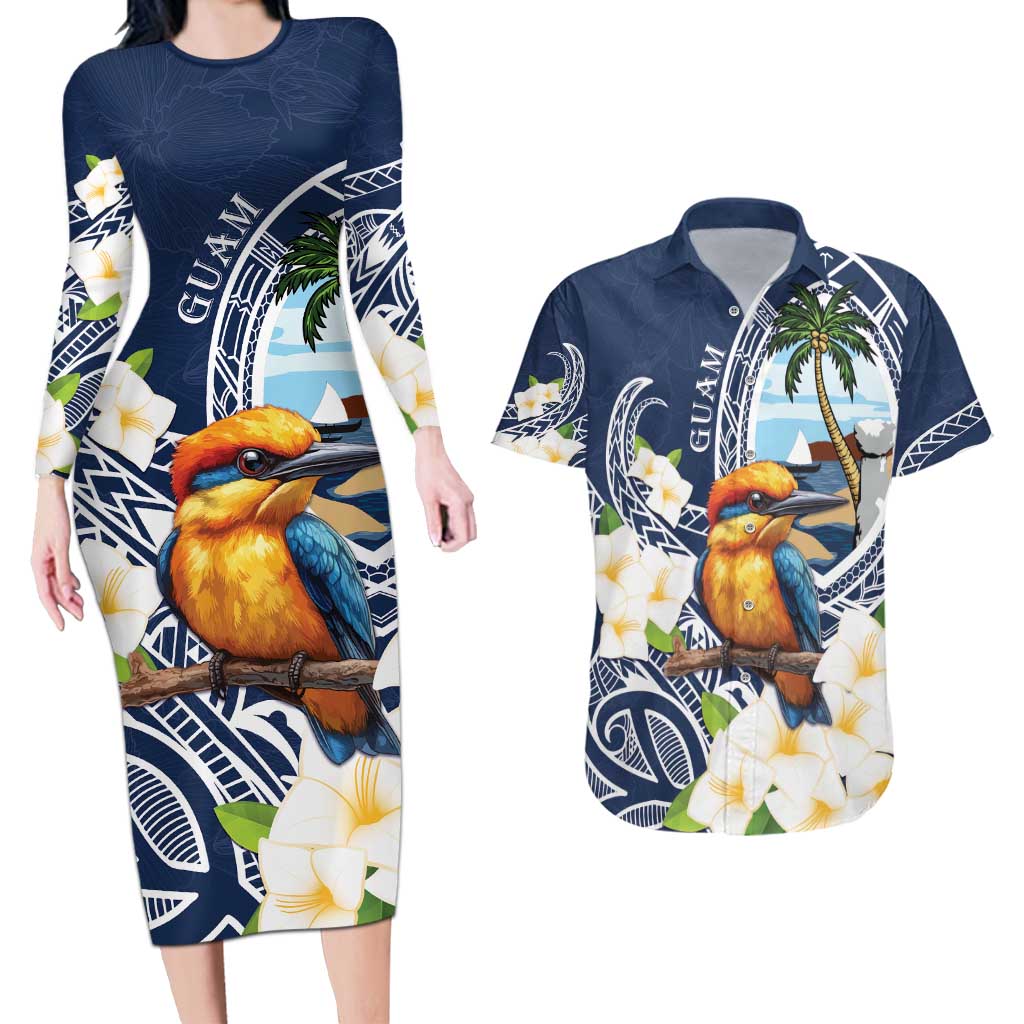 Hafa Adai Guam Couples Matching Long Sleeve Bodycon Dress and Hawaiian Shirt Sihek Guam Kingfisher with Guasali