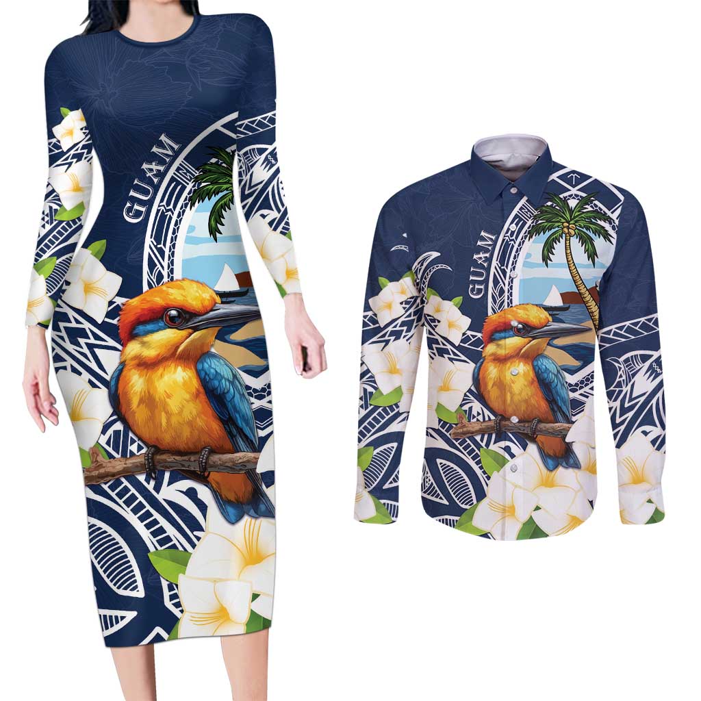 Hafa Adai Guam Couples Matching Long Sleeve Bodycon Dress and Long Sleeve Button Shirt Sihek Guam Kingfisher with Guasali LT7 Navy Blue - Polynesian Pride