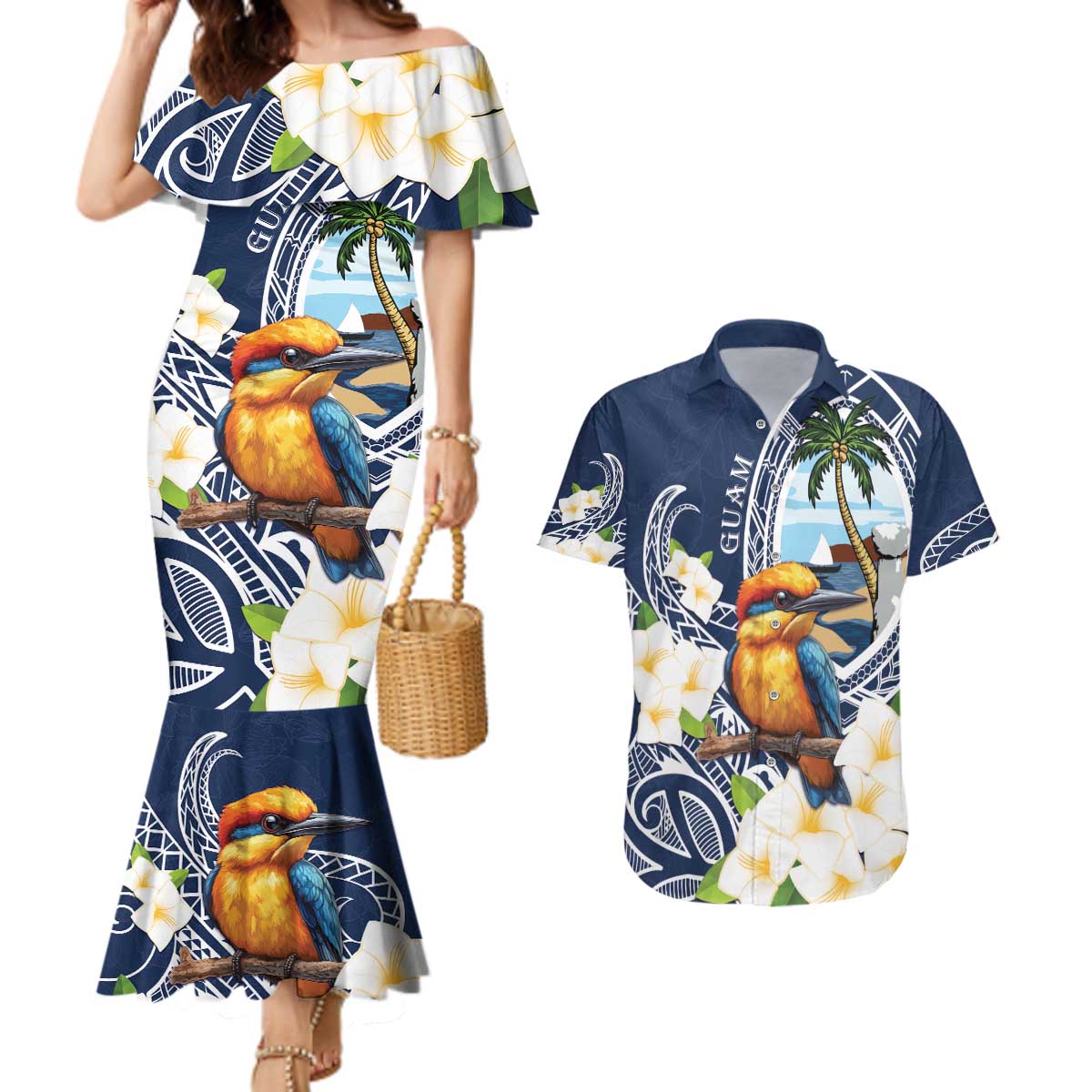 Hafa Adai Guam Couples Matching Mermaid Dress and Hawaiian Shirt Sihek Guam Kingfisher with Guasali