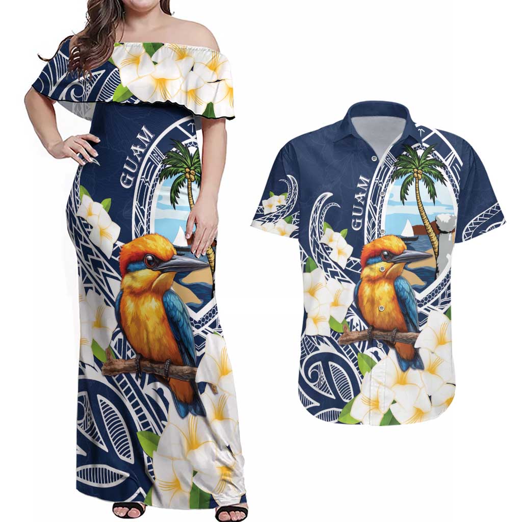 Hafa Adai Guam Couples Matching Off Shoulder Maxi Dress and Hawaiian Shirt Sihek Guam Kingfisher with Guasali