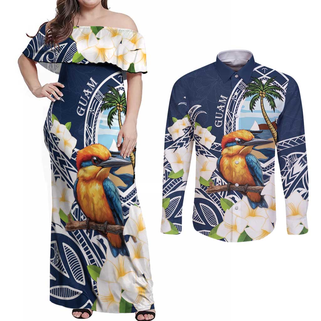 Hafa Adai Guam Couples Matching Off Shoulder Maxi Dress and Long Sleeve Button Shirt Sihek Guam Kingfisher with Guasali