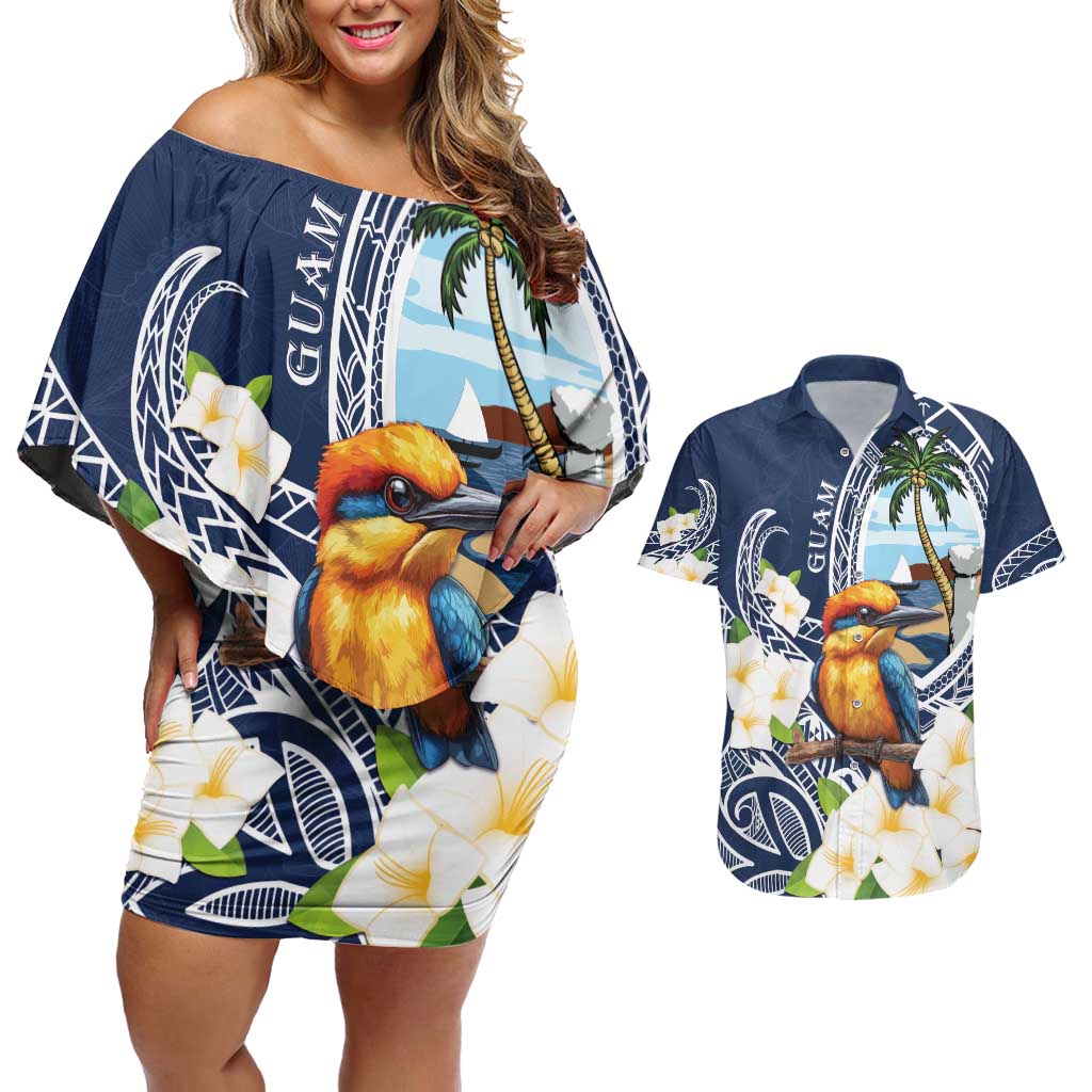 Hafa Adai Guam Couples Matching Off Shoulder Short Dress and Hawaiian Shirt Sihek Guam Kingfisher with Guasali