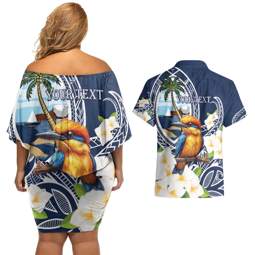 Hafa Adai Guam Couples Matching Off Shoulder Short Dress and Hawaiian Shirt Sihek Guam Kingfisher with Guasali