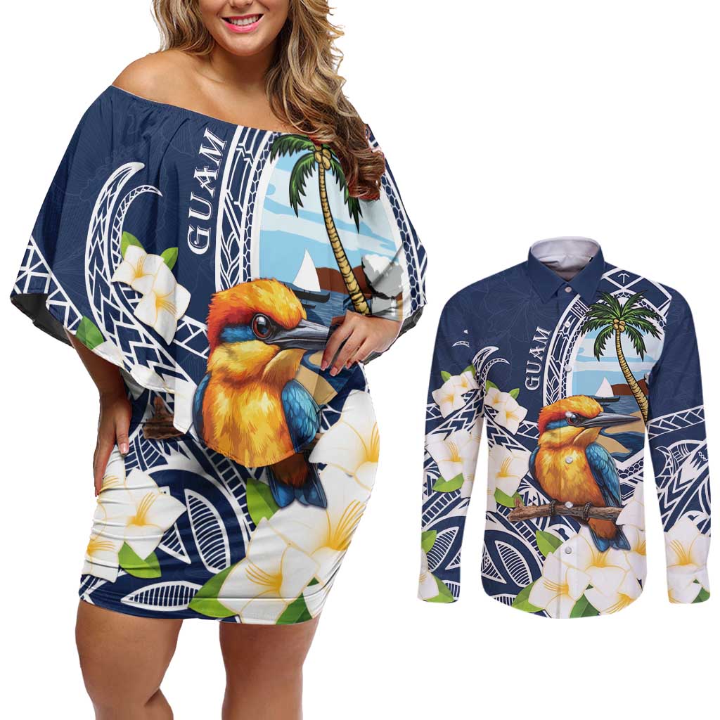 Hafa Adai Guam Couples Matching Off Shoulder Short Dress and Long Sleeve Button Shirt Sihek Guam Kingfisher with Guasali