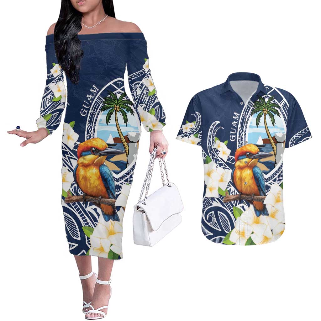 Hafa Adai Guam Couples Matching Off The Shoulder Long Sleeve Dress and Hawaiian Shirt Sihek Guam Kingfisher with Guasali