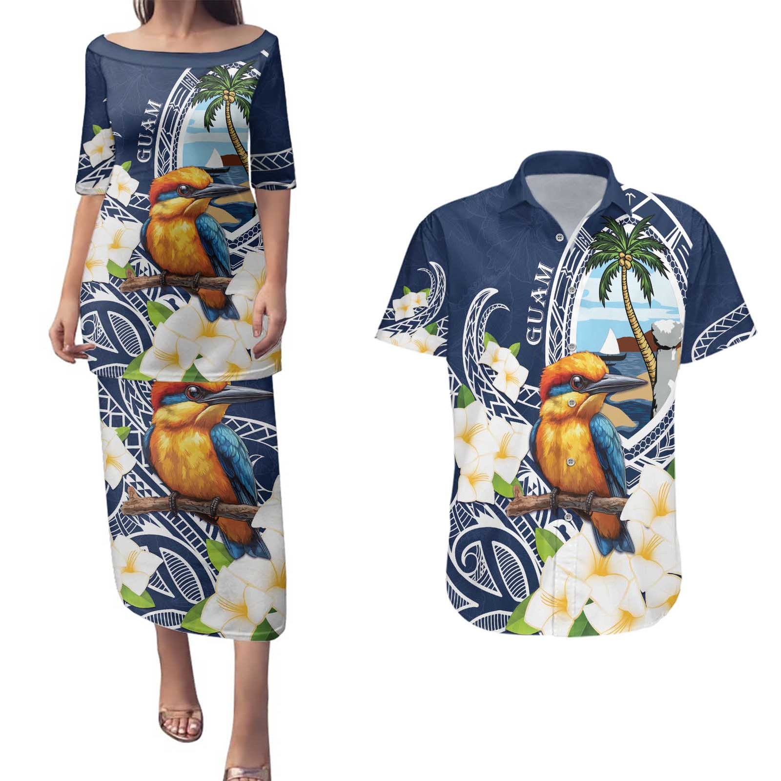 Hafa Adai Guam Couples Matching Puletasi and Hawaiian Shirt Sihek Guam Kingfisher with Guasali LT7 Navy Blue - Polynesian Pride