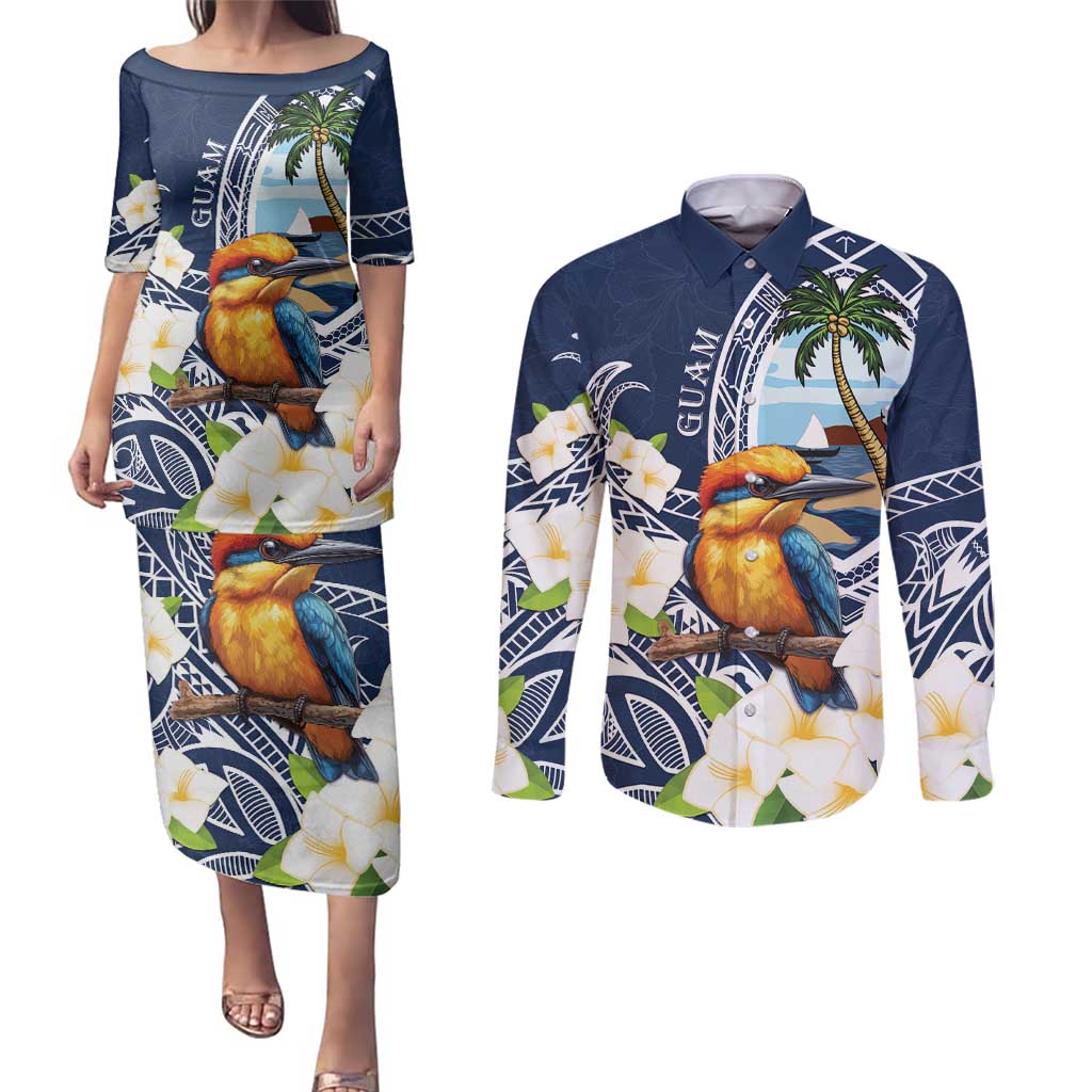 Hafa Adai Guam Couples Matching Puletasi and Long Sleeve Button Shirt Sihek Guam Kingfisher with Guasali LT7 Navy Blue - Polynesian Pride