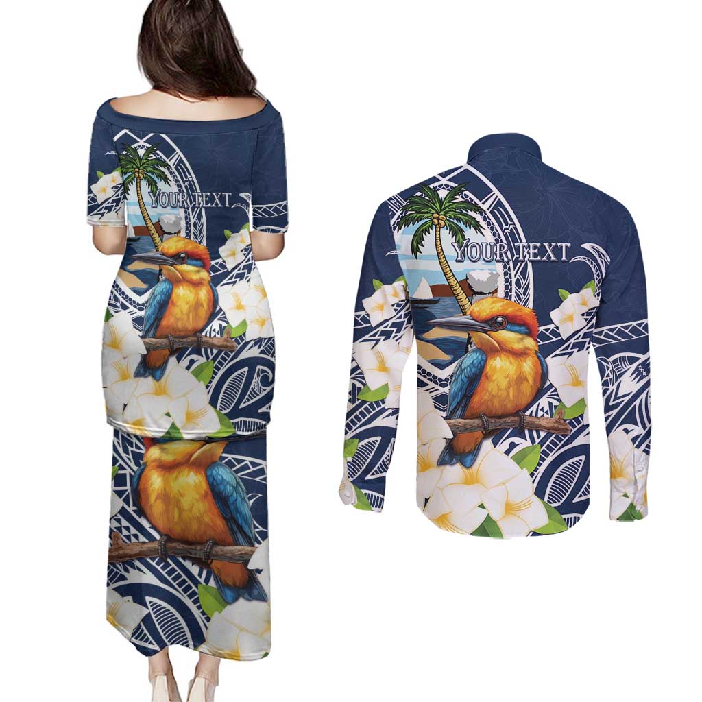 Hafa Adai Guam Couples Matching Puletasi and Long Sleeve Button Shirt Sihek Guam Kingfisher with Guasali LT7 - Polynesian Pride