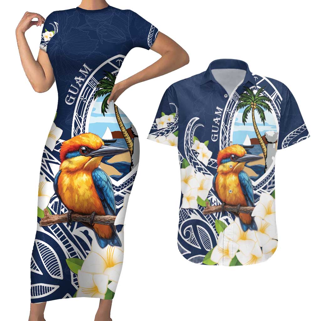 Hafa Adai Guam Couples Matching Short Sleeve Bodycon Dress and Hawaiian Shirt Sihek Guam Kingfisher with Guasali