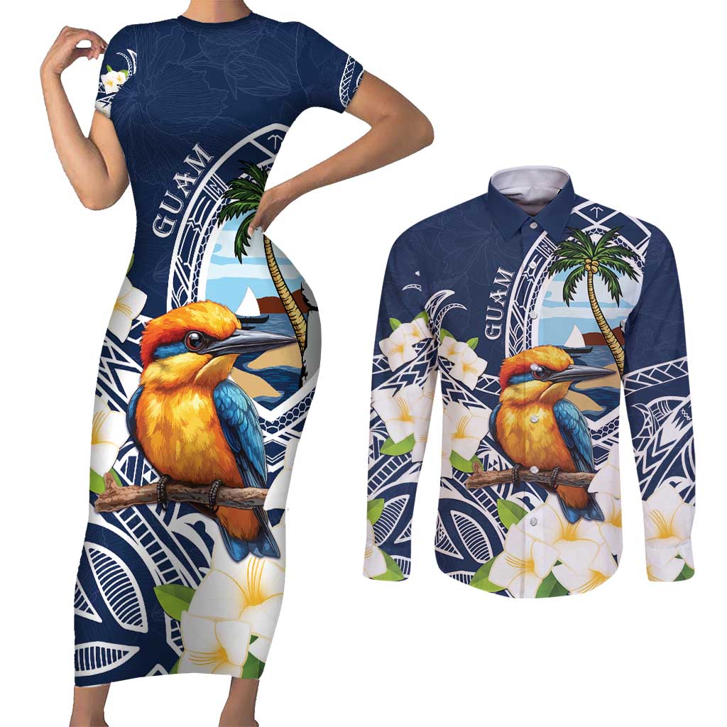 Hafa Adai Guam Couples Matching Short Sleeve Bodycon Dress and Long Sleeve Button Shirt Sihek Guam Kingfisher with Guasali LT7 Navy Blue - Polynesian Pride