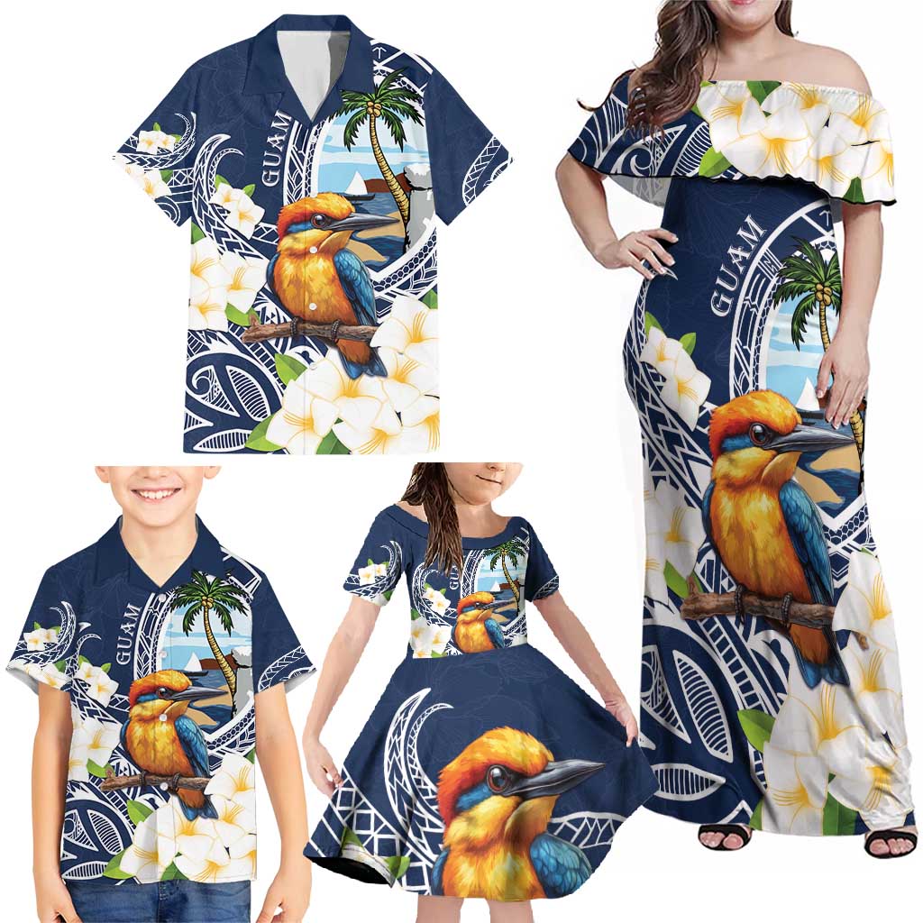 Hafa Adai Guam Family Matching Off Shoulder Maxi Dress and Hawaiian Shirt Sihek Guam Kingfisher with Guasali