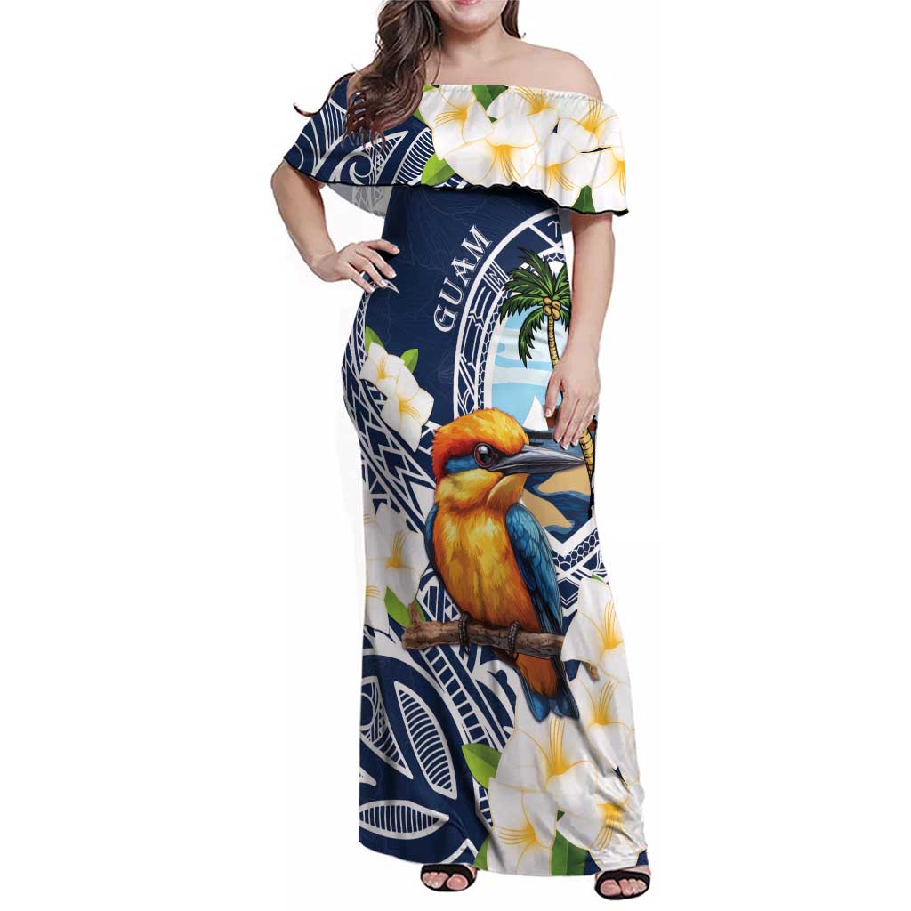 Hafa Adai Guam Family Matching Off Shoulder Maxi Dress and Hawaiian Shirt Sihek Guam Kingfisher with Guasali