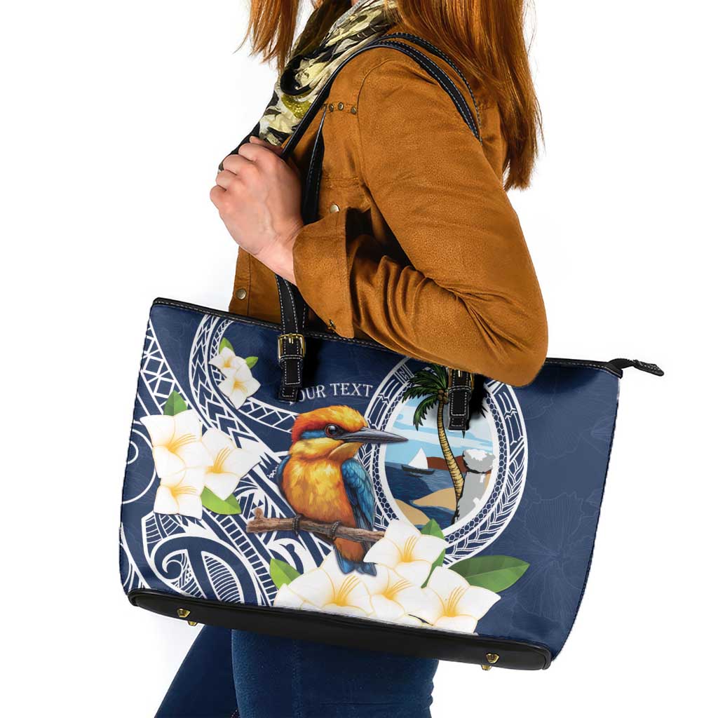 Hafa Adai Guam Leather Tote Bag Sihek Guam Kingfisher with Guasali LT7 Navy Blue - Polynesian Pride