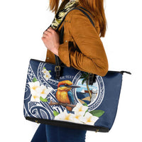 Hafa Adai Guam Leather Tote Bag Sihek Guam Kingfisher with Guasali LT7 Navy Blue - Polynesian Pride