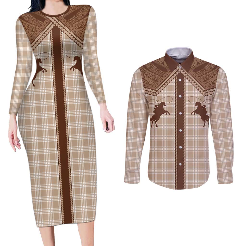 Aloha Hawaii Cowboys Paniolo Couples Matching Long Sleeve Bodycon Dress and Long Sleeve Button Shirt Beige Palaka - Polynesian Pride