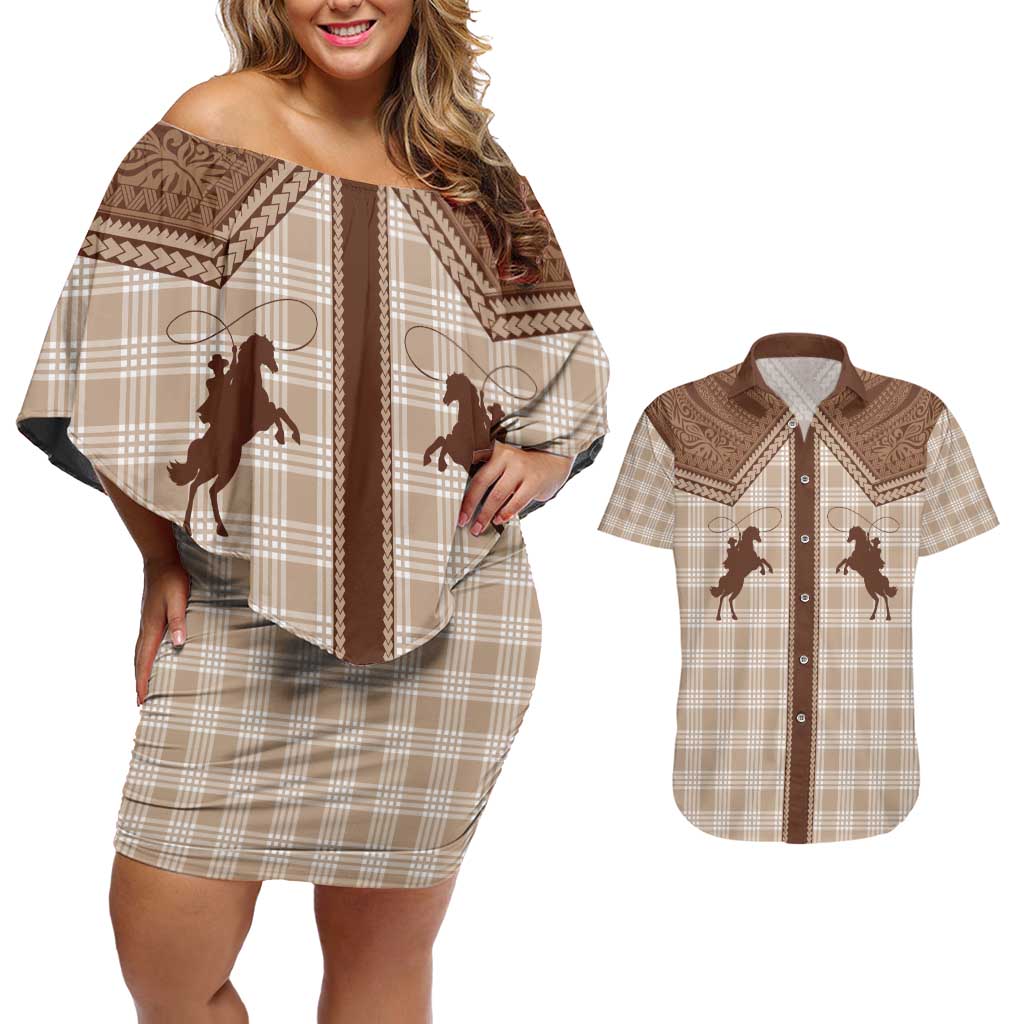 Aloha Hawaii Cowboys Paniolo Couples Matching Off Shoulder Short Dress and Hawaiian Shirt Beige Palaka - Polynesian Pride