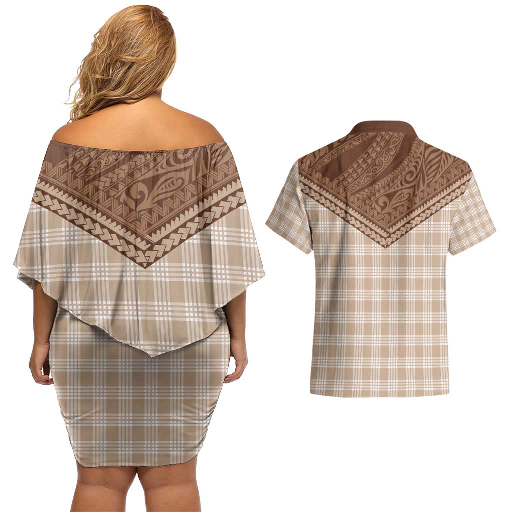 Aloha Hawaii Cowboys Paniolo Couples Matching Off Shoulder Short Dress and Hawaiian Shirt Beige Palaka - Polynesian Pride