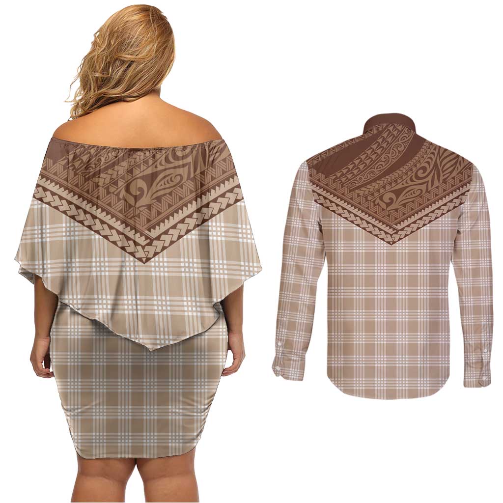 Aloha Hawaii Cowboys Paniolo Couples Matching Off Shoulder Short Dress and Long Sleeve Button Shirt Beige Palaka - Polynesian Pride