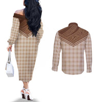 Aloha Hawaii Cowboys Paniolo Couples Matching Off The Shoulder Long Sleeve Dress and Long Sleeve Button Shirt Beige Palaka - Polynesian Pride