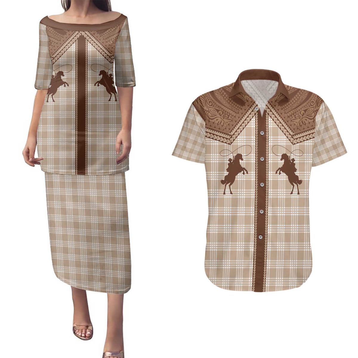 Aloha Hawaii Cowboys Paniolo Couples Matching Puletasi and Hawaiian Shirt Beige Palaka - Polynesian Pride