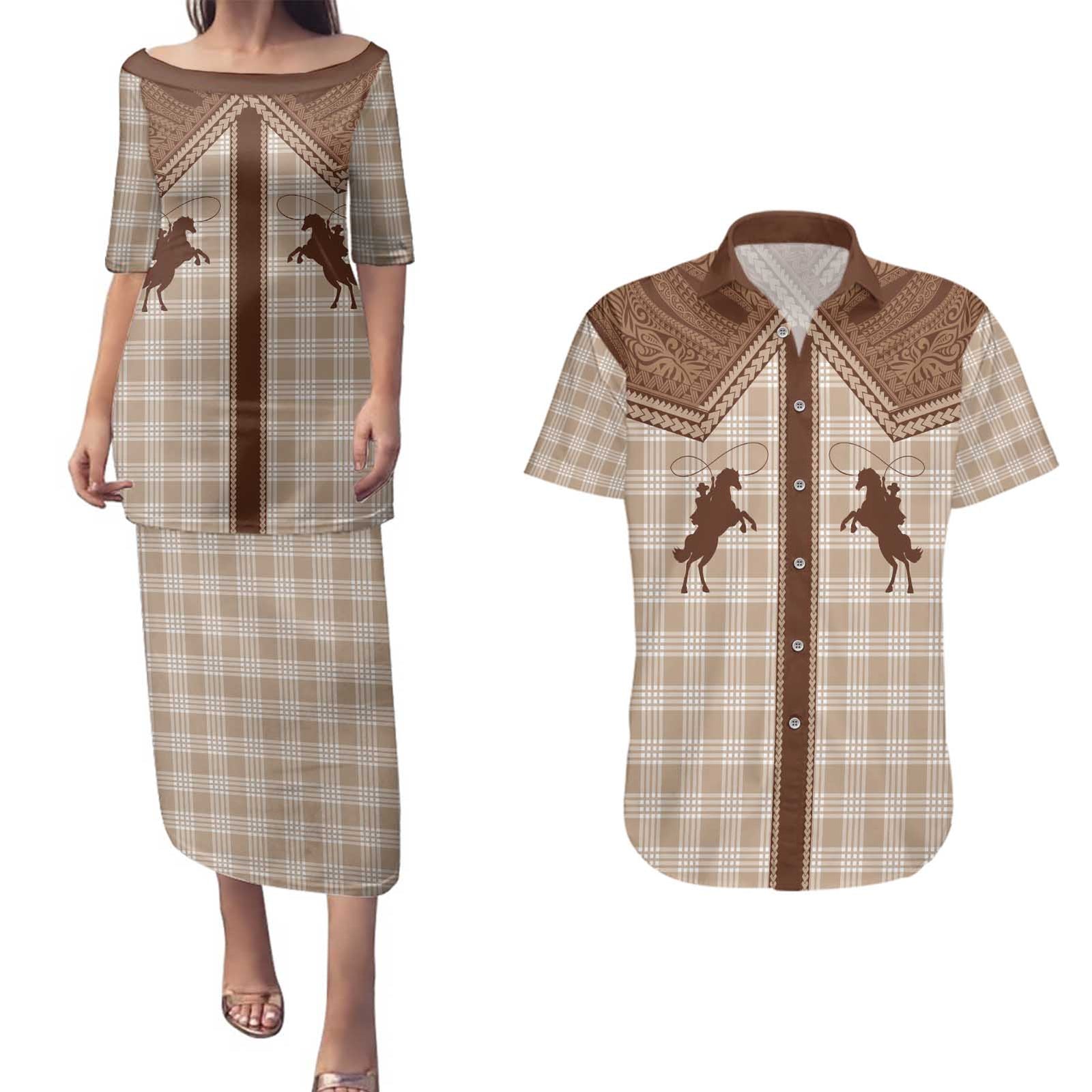 Aloha Hawaii Cowboys Paniolo Couples Matching Puletasi and Hawaiian Shirt Beige Palaka - Polynesian Pride