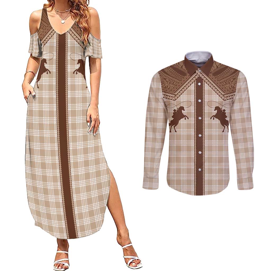 Aloha Hawaii Cowboys Paniolo Couples Matching Summer Maxi Dress and Long Sleeve Button Shirt Beige Palaka - Polynesian Pride