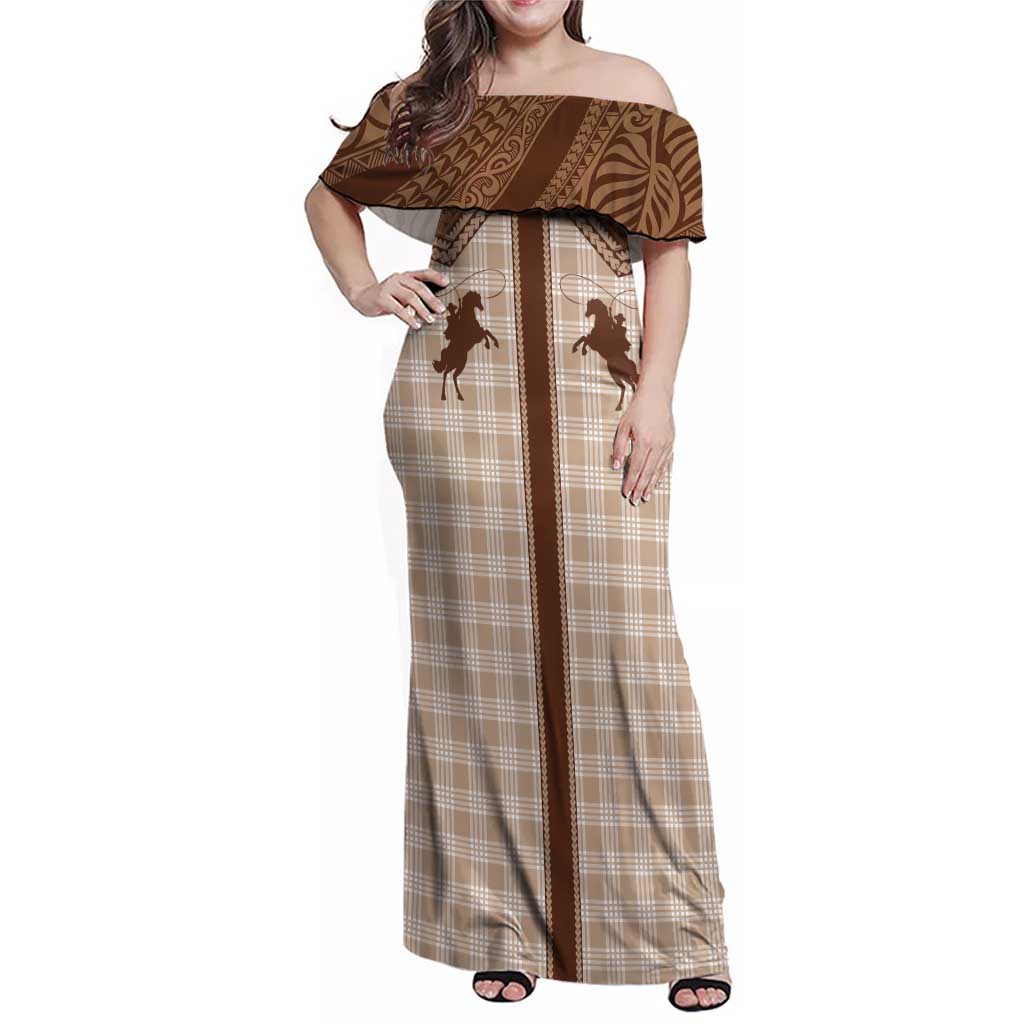 Aloha Hawaii Cowboys Paniolo Family Matching Off Shoulder Maxi Dress and Hawaiian Shirt Beige Palaka - Polynesian Pride