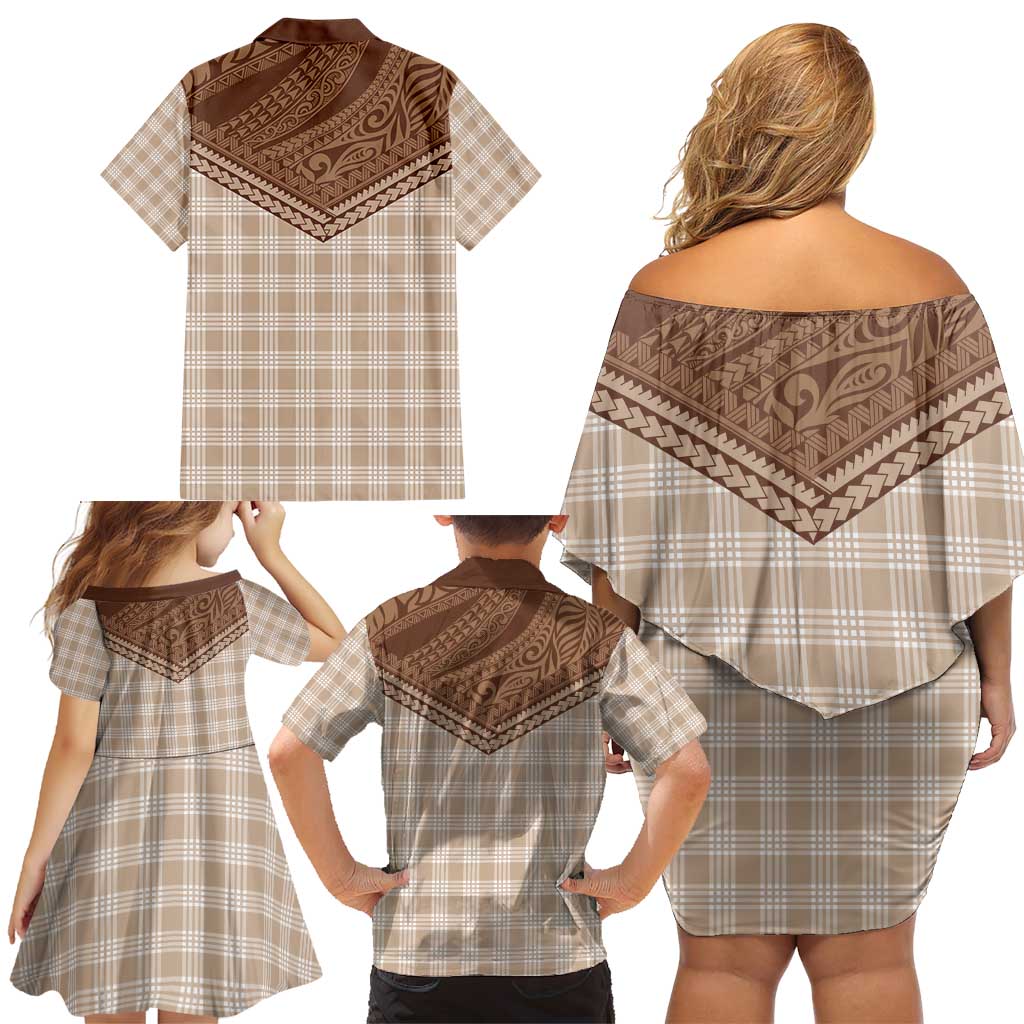 Aloha Hawaii Cowboys Paniolo Family Matching Off Shoulder Short Dress and Hawaiian Shirt Beige Palaka - Polynesian Pride