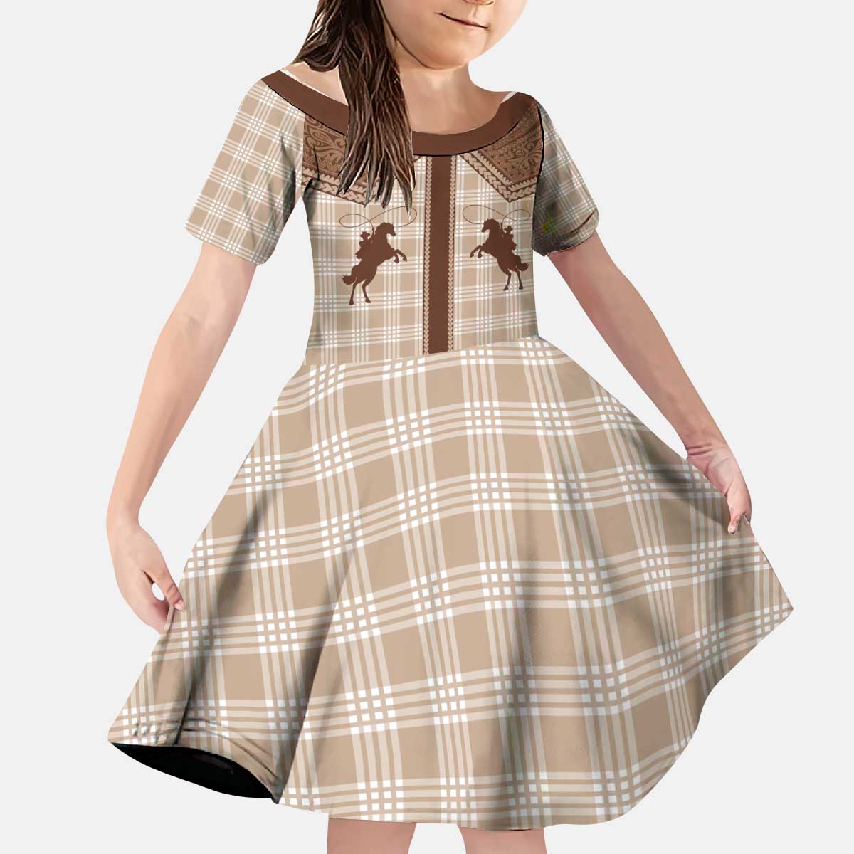 Aloha Hawaii Cowboys Paniolo Kid Short Sleeve Dress Beige Palaka - Polynesian Pride
