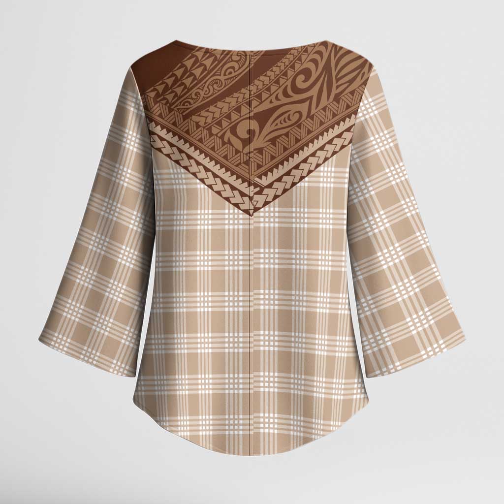 Aloha Hawaii Cowboys Paniolo Kimono Sleeve Blouse Beige Palaka - Polynesian Pride