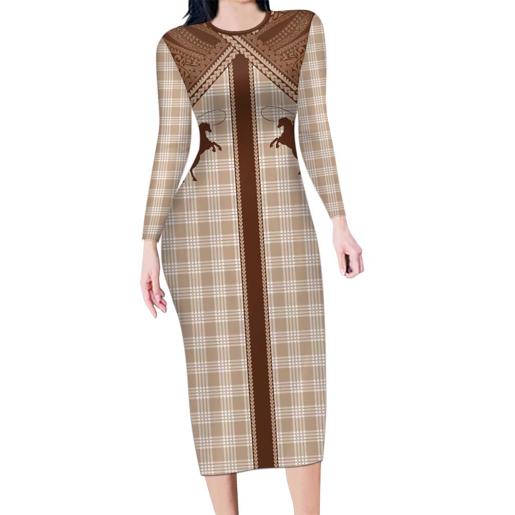 Aloha Hawaii Cowboys Paniolo Long Sleeve Bodycon Dress Beige Palaka - Polynesian Pride
