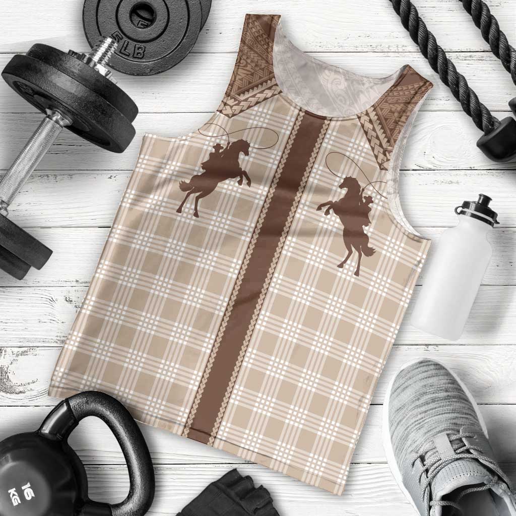 Aloha Hawaii Cowboys Paniolo Men Tank Top Beige Palaka - Polynesian Pride
