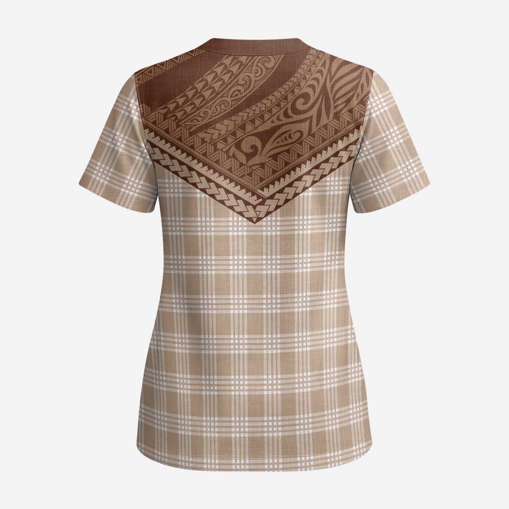 Aloha Hawaii Cowboys Paniolo Scrub Top Beige Palaka - Polynesian Pride