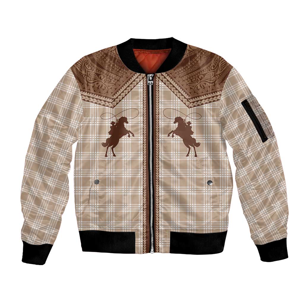 Aloha Hawaii Cowboys Paniolo Sleeve Zip Bomber Jacket Beige Palaka - Polynesian Pride