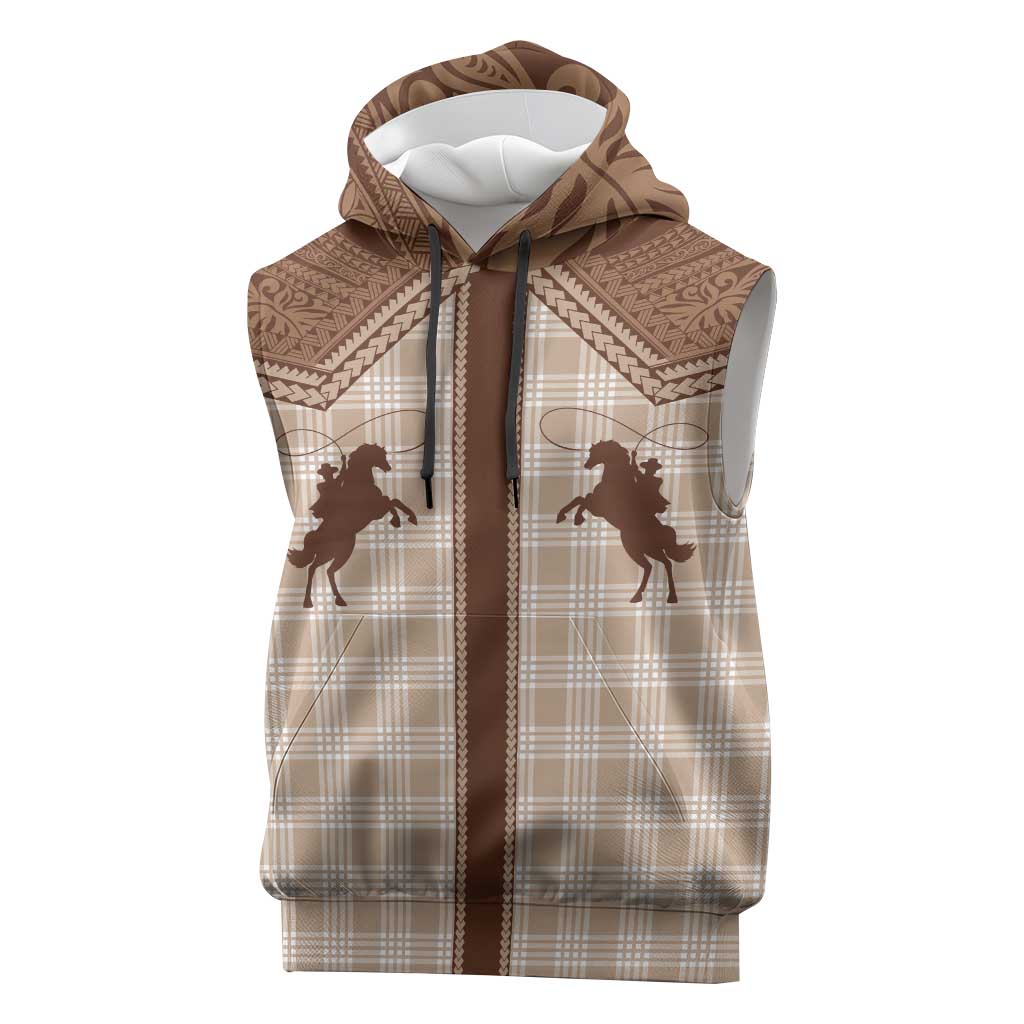 Aloha Hawaii Cowboys Paniolo Sleeveless Hoodie Beige Palaka LT7 Beige - Polynesian Pride