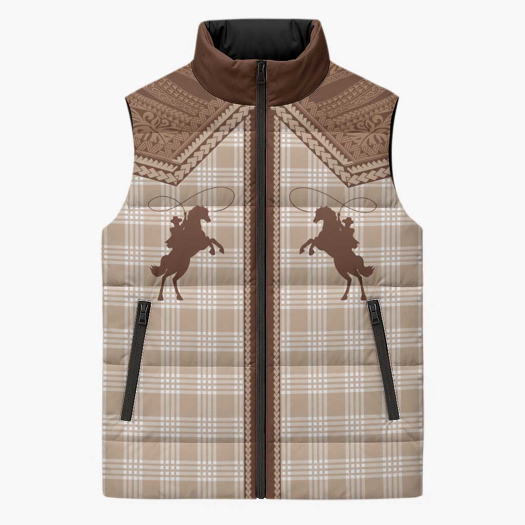 Aloha Hawaii Cowboys Paniolo Sleeveless Puffer Jacket Beige Palaka LT7 Unisex Beige - Polynesian Pride