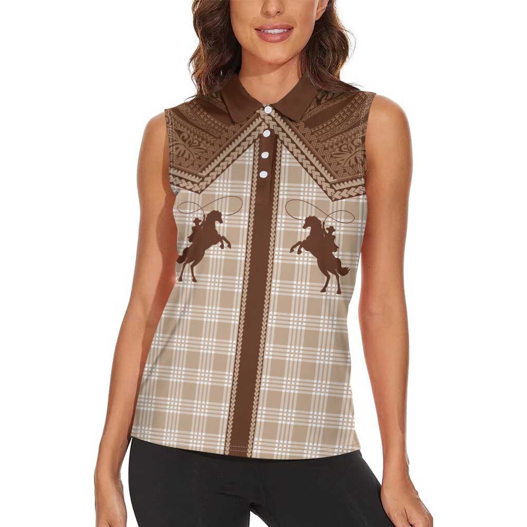 Aloha Hawaii Cowboys Paniolo Women Sleeveless Polo Shirt Beige Palaka LT7 - Polynesian Pride