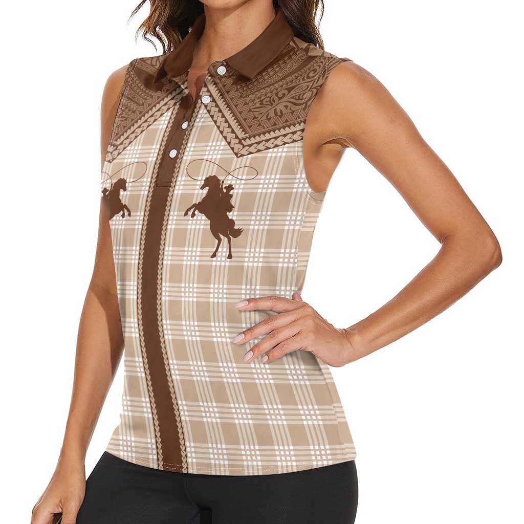 Aloha Hawaii Cowboys Paniolo Women Sleeveless Polo Shirt Beige Palaka LT7 - Polynesian Pride