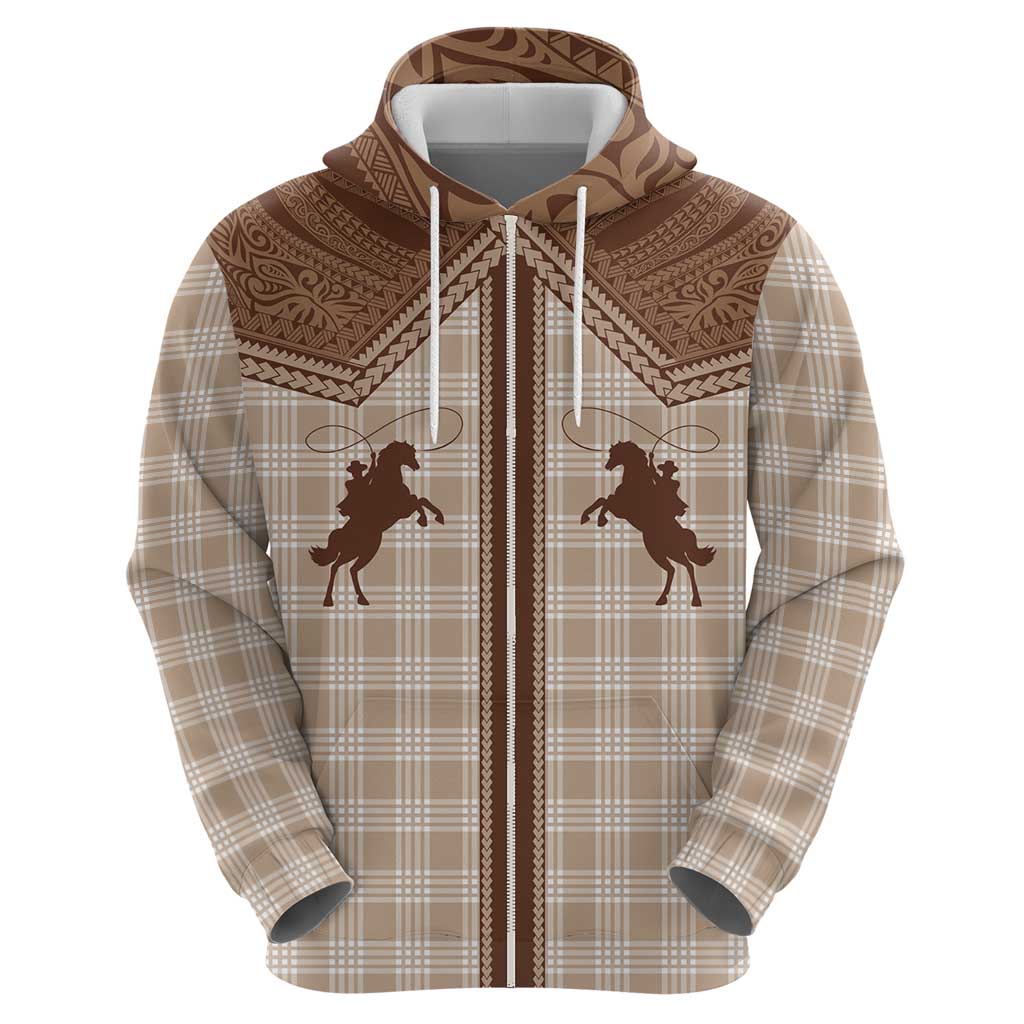 Aloha Hawaii Cowboys Paniolo Zip Hoodie Beige Palaka - Polynesian Pride