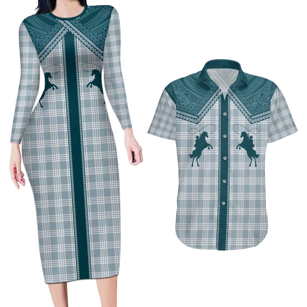 Aloha Hawaii Cowboys Paniolo Couples Matching Long Sleeve Bodycon Dress and Hawaiian Shirt Teal Palaka - Polynesian Pride