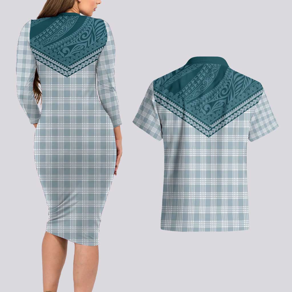 Aloha Hawaii Cowboys Paniolo Couples Matching Long Sleeve Bodycon Dress and Hawaiian Shirt Teal Palaka - Polynesian Pride