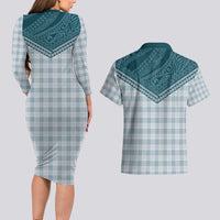 Aloha Hawaii Cowboys Paniolo Couples Matching Long Sleeve Bodycon Dress and Hawaiian Shirt Teal Palaka - Polynesian Pride