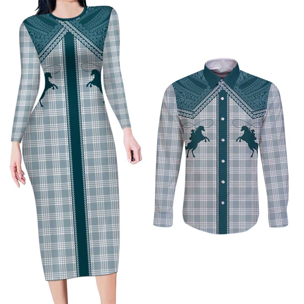 Aloha Hawaii Cowboys Paniolo Couples Matching Long Sleeve Bodycon Dress and Long Sleeve Button Shirt Teal Palaka - Polynesian Pride