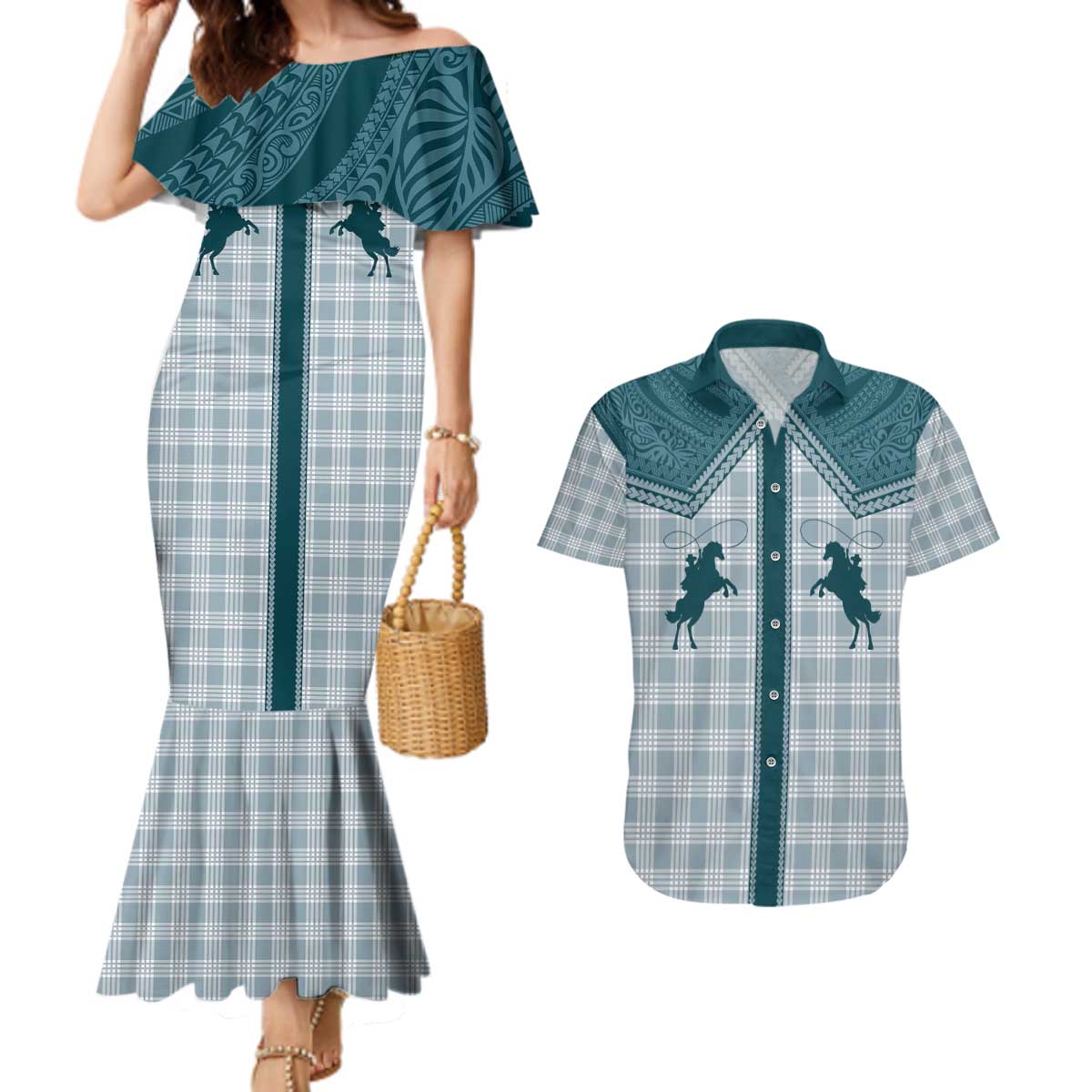 Aloha Hawaii Cowboys Paniolo Couples Matching Mermaid Dress and Hawaiian Shirt Teal Palaka - Polynesian Pride
