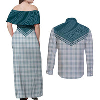 Aloha Hawaii Cowboys Paniolo Couples Matching Off Shoulder Maxi Dress and Long Sleeve Button Shirt Teal Palaka - Polynesian Pride