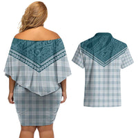 Aloha Hawaii Cowboys Paniolo Couples Matching Off Shoulder Short Dress and Hawaiian Shirt Teal Palaka - Polynesian Pride